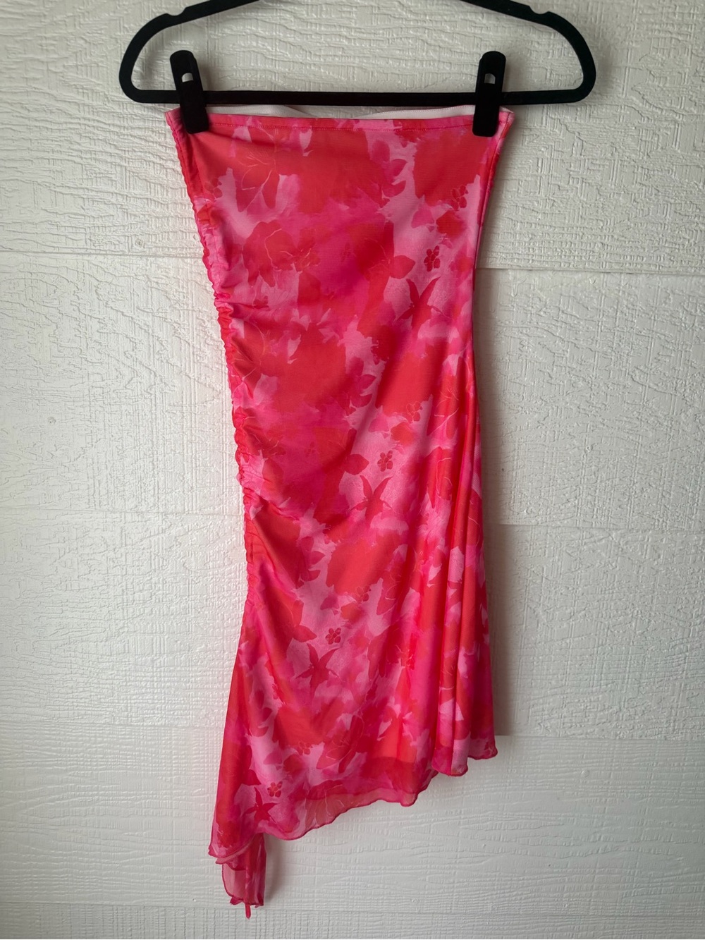 Pink Floral Strapless Mesh Ruched Mini Dress Small Adjustable Side Drawstring - Picture 5 of 9